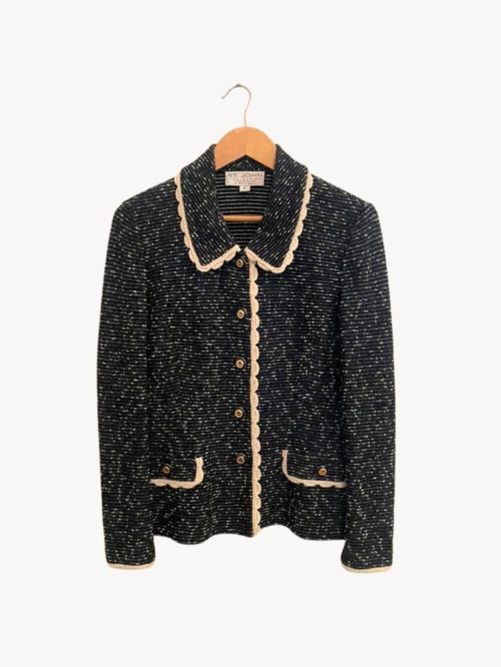 St. John Collection Textured Knit Black Ivory Scallop Trim Jacket, Size: 8